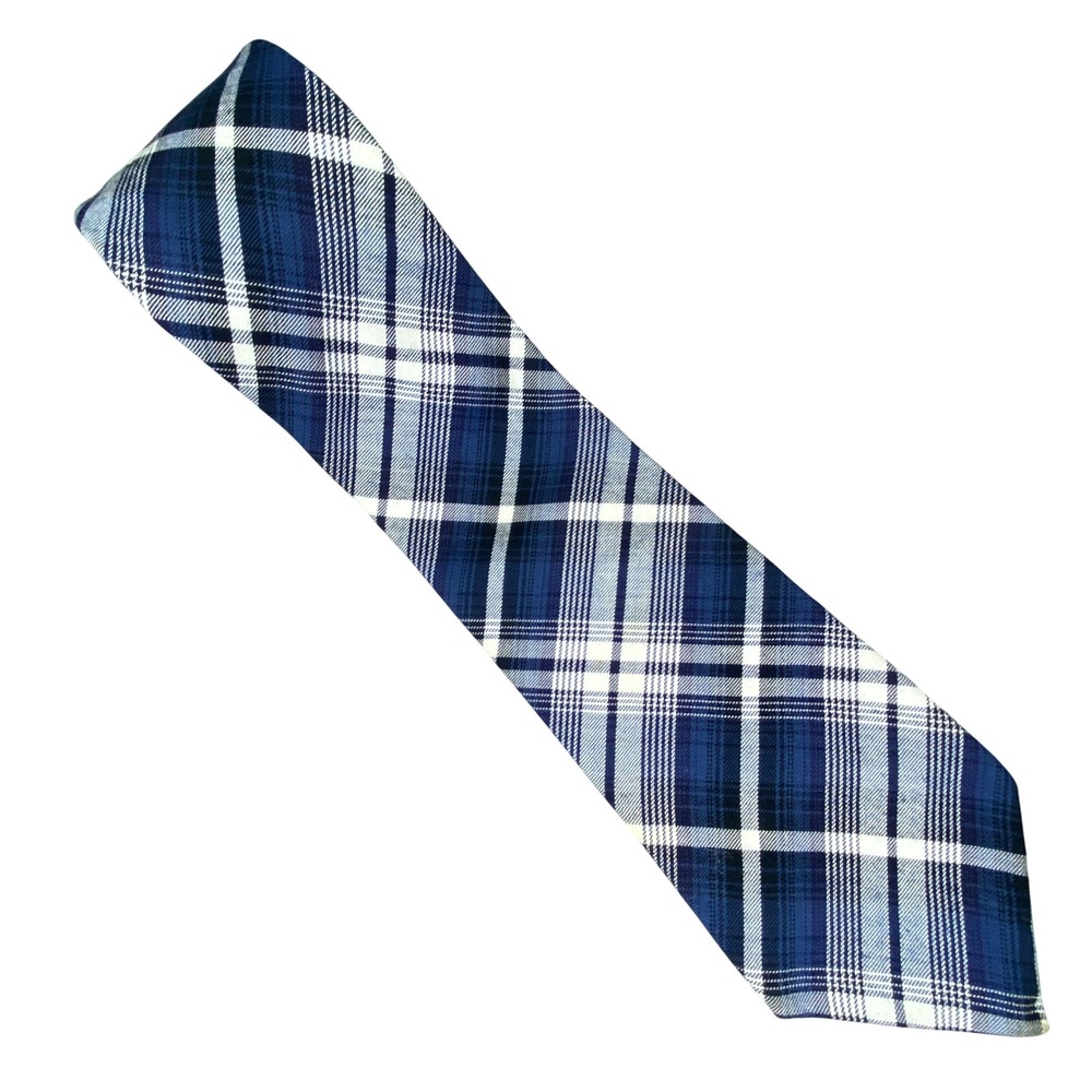 VTG‎ Gap Plaid Tartan Tie Mens Blue White Wool Blend Minimalist Indie 58x4